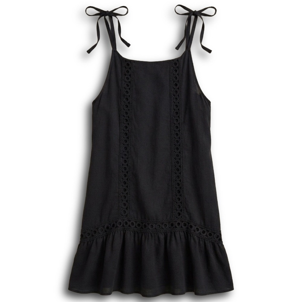 India Boutique Black Crochet Eyelet Lace Tie Shoulder Mini Dress OS Boho Summer